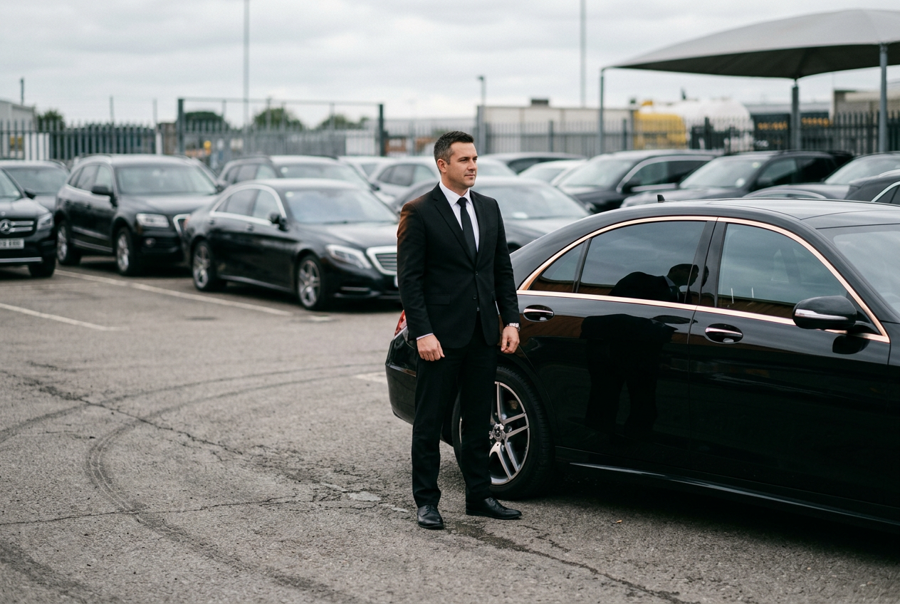 Chauffeur beside a fleet vehicle at an operator depot