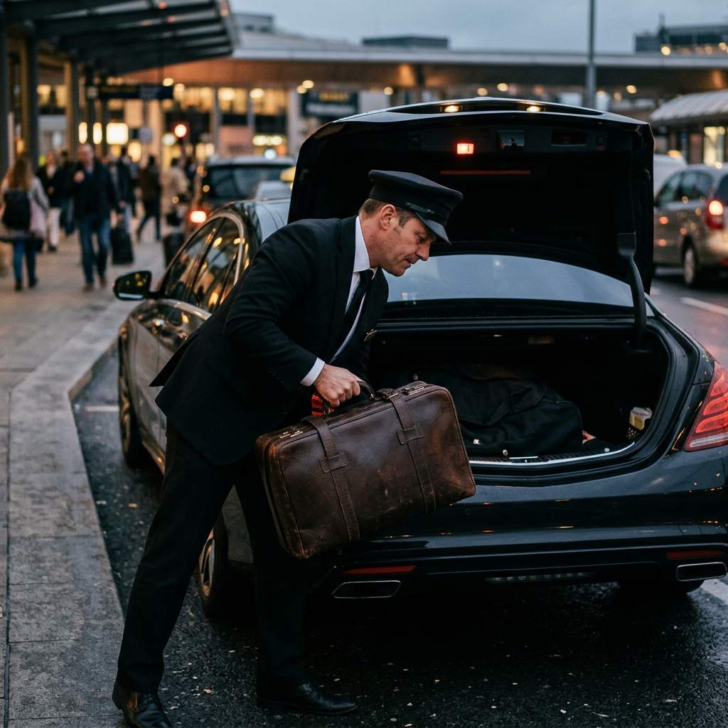 Chauffeur lifting luggage into the boot of a sedan