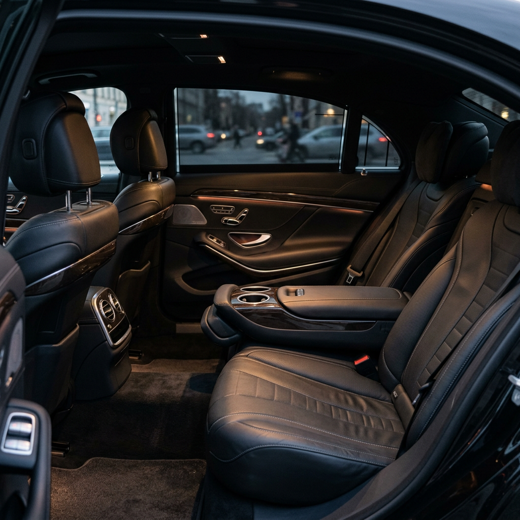 Quiet rear cabin interior of a premium sedan