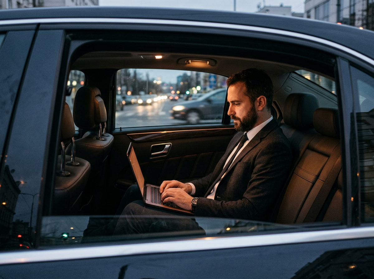 Business traveller working in the back seat of a chauffeured car