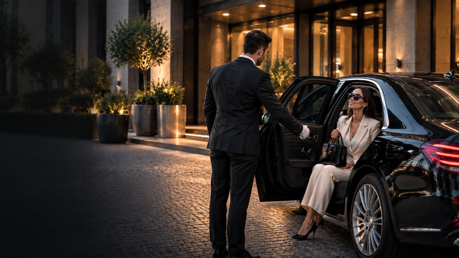A RYDES chauffeur in business dress standing beside the car