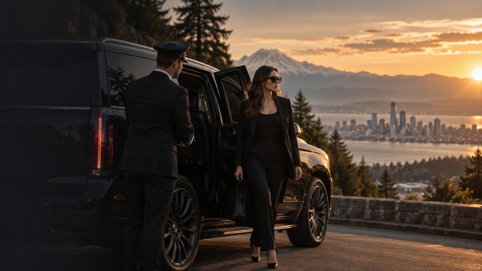 Black car parked at a viewpoint above a waterfront with a city skyline