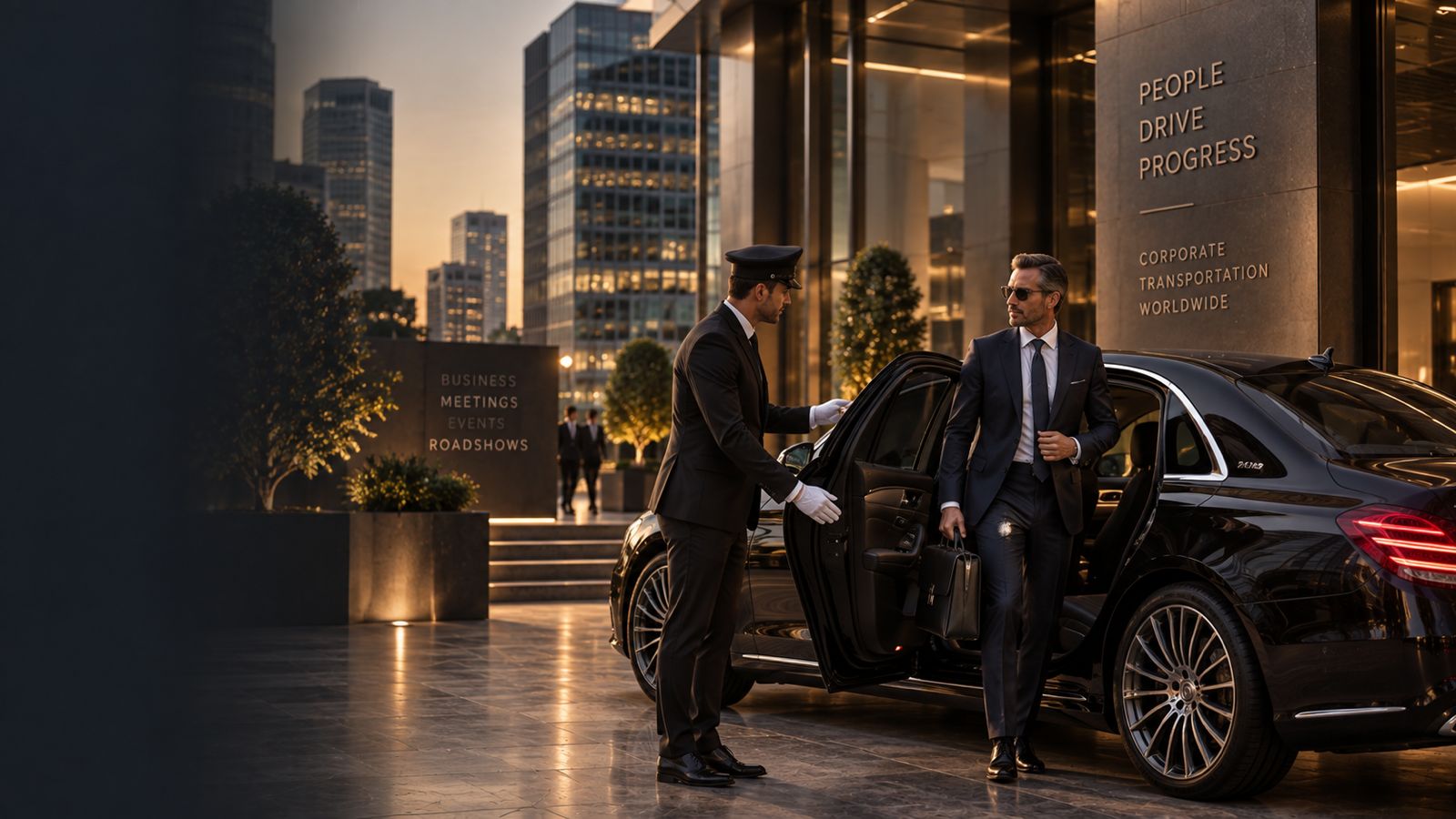 Executives leaving an office towards waiting RYDES cars