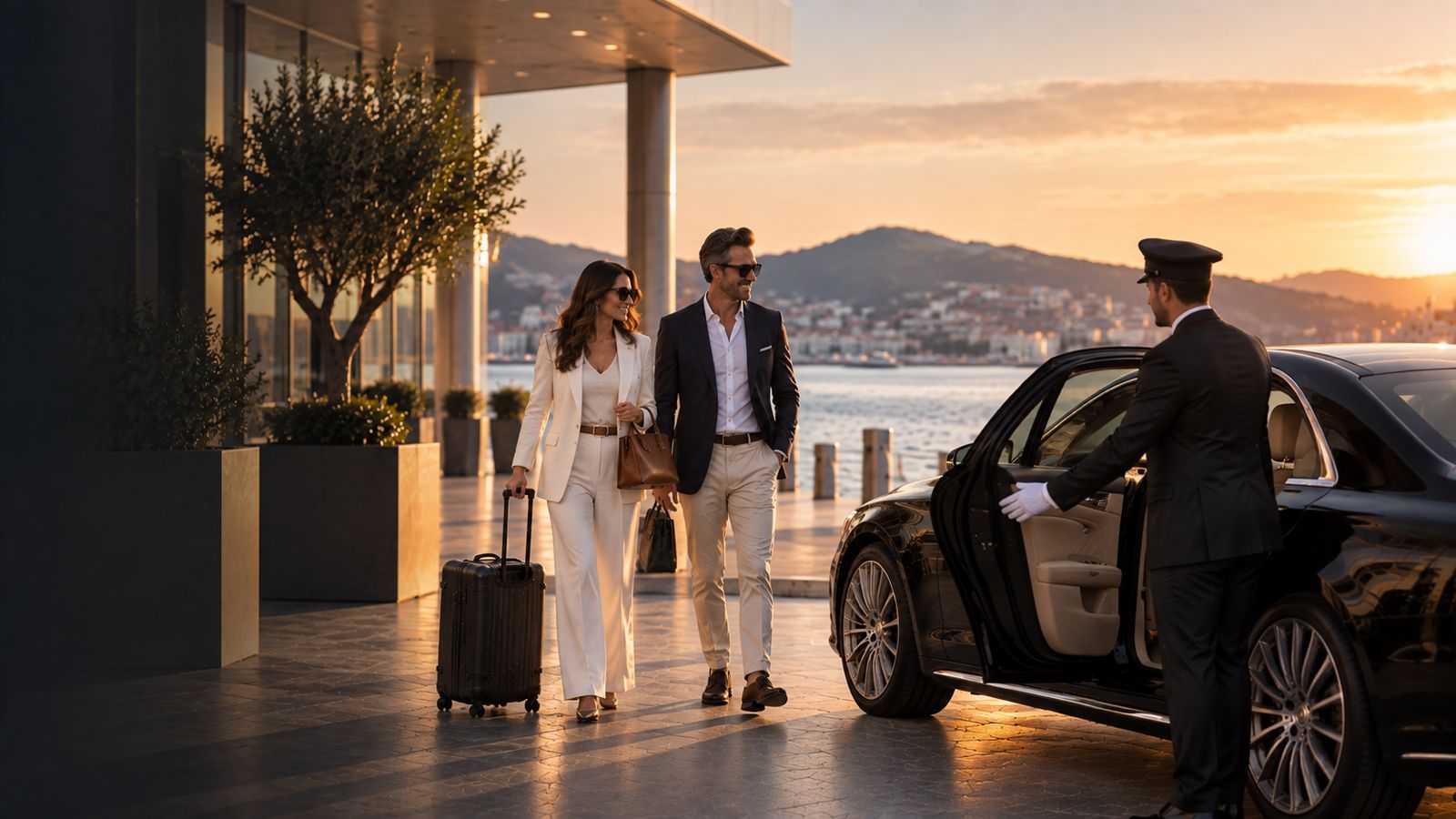 Passengers with luggage walking to a waiting RYDES car at a cruise port