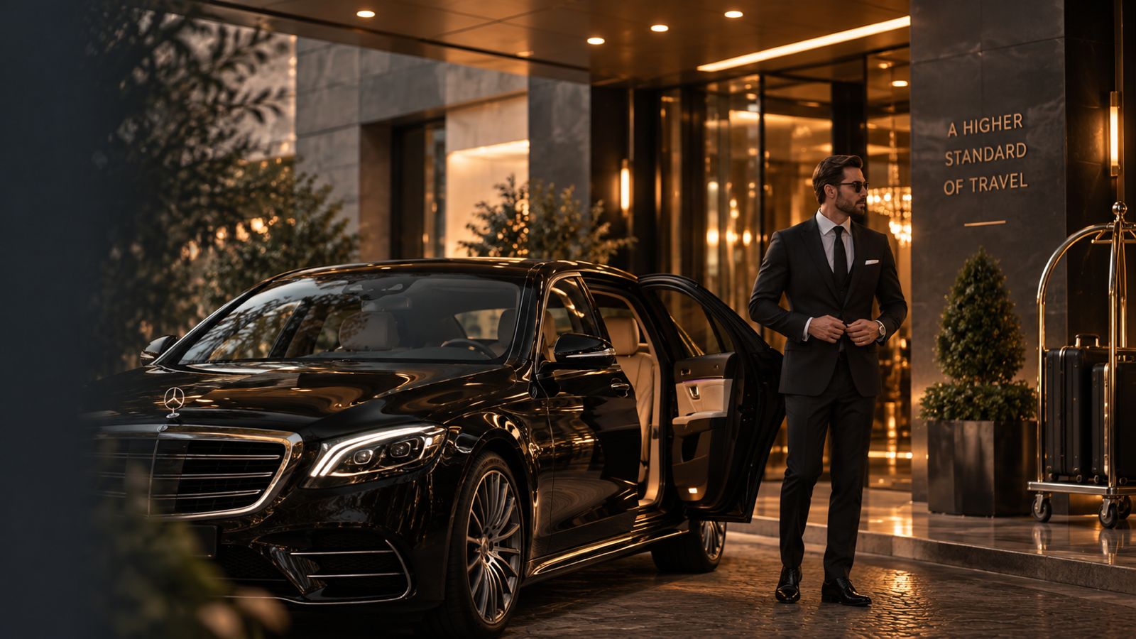 A RYDES chauffeur beside a fleet vehicle