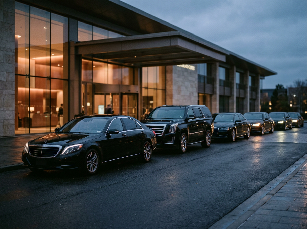 Line of black vehicles outside a conference venue