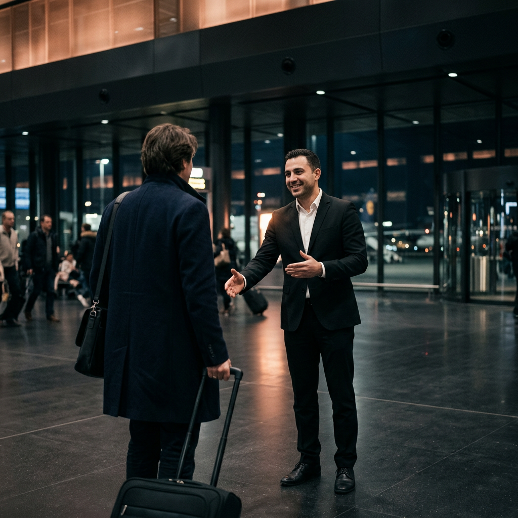 Chauffeur greeting a guest by name inside an airport terminal