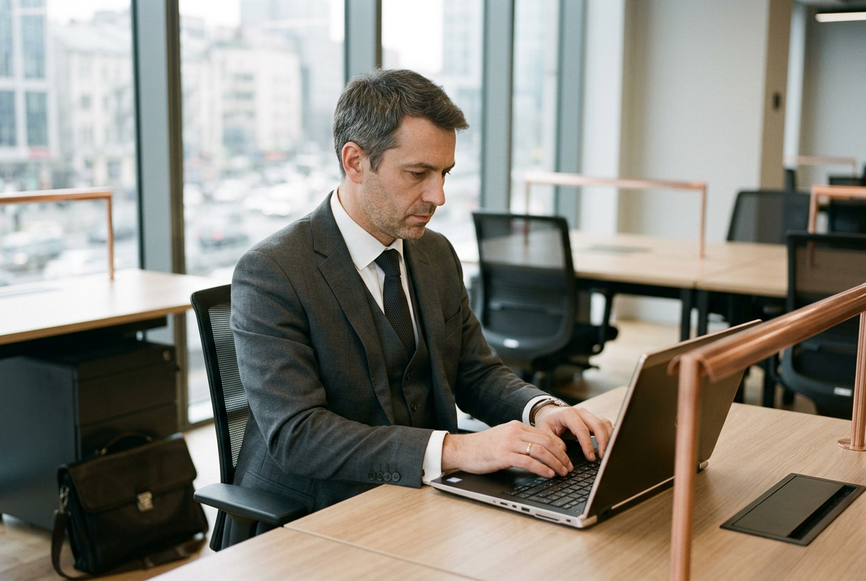 Travel manager reviewing bookings on a laptop