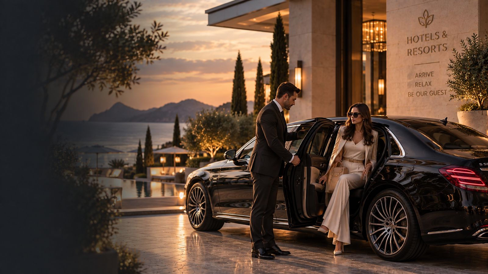 RYDES car waiting at a hotel entrance