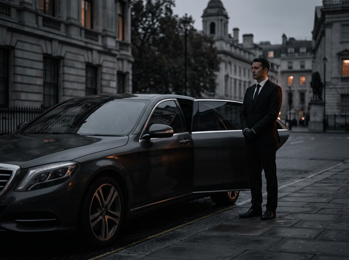 Chauffeur standing beside a sedan waiting between appointments