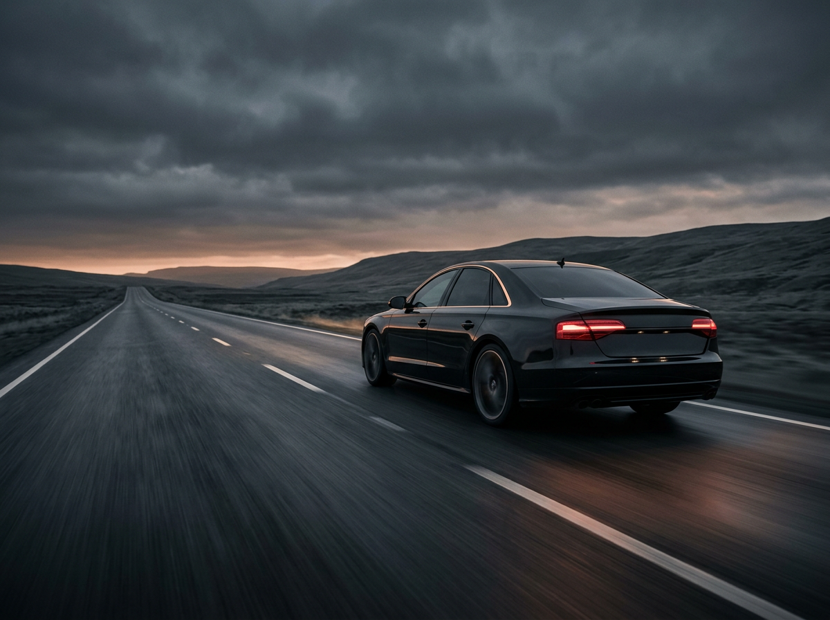 Sedan on an open road between two cities