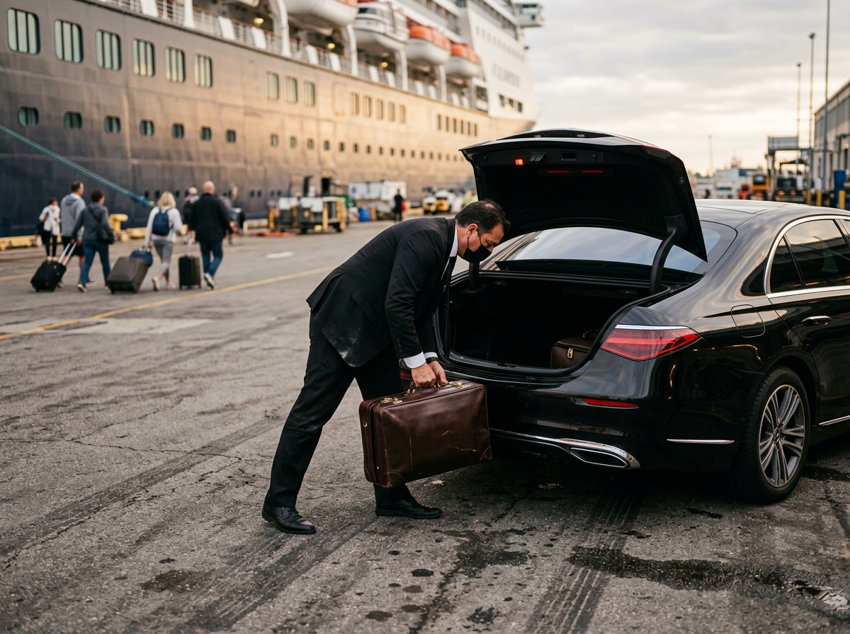 Chauffeur loading suitcases at a cruise terminal