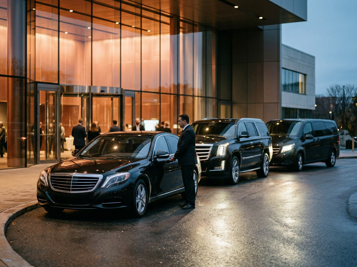 RYDES vehicles lined up at an event venue entrance with a chauffeur beside the first car