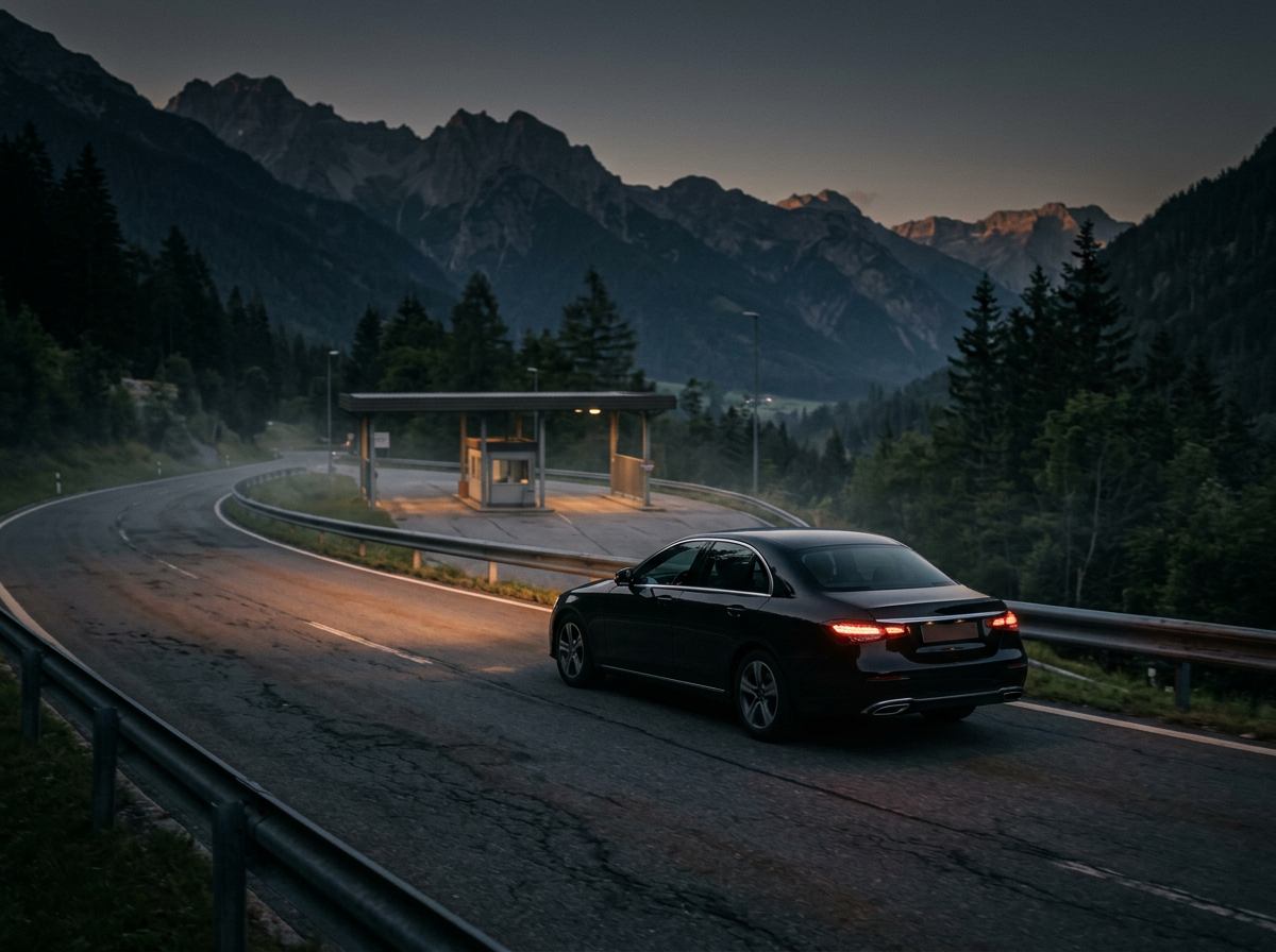 Black luxury sedan on an alpine road approaching a border crossing