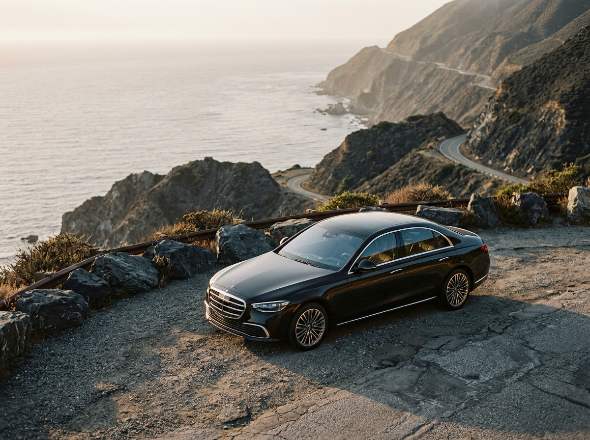 Black sedan parked at a coastal mountain road viewpoint at sunset