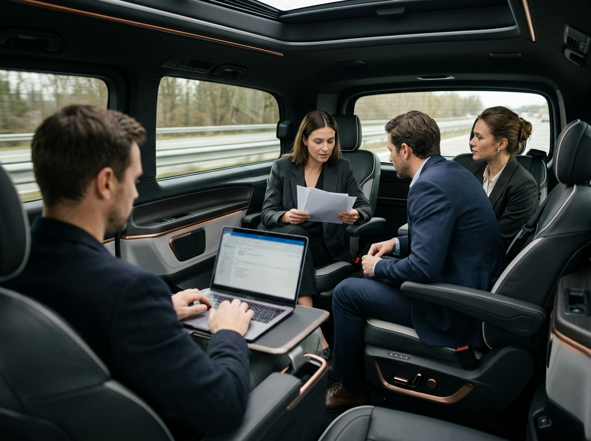 Colleagues working in the cabin of a RYDES executive van