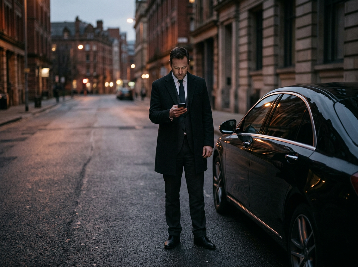 A chauffeur checking a phone beside a parked vehicle