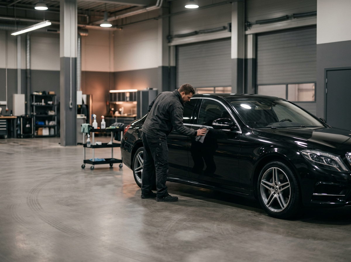 A clean dark sedan being prepared at a depot