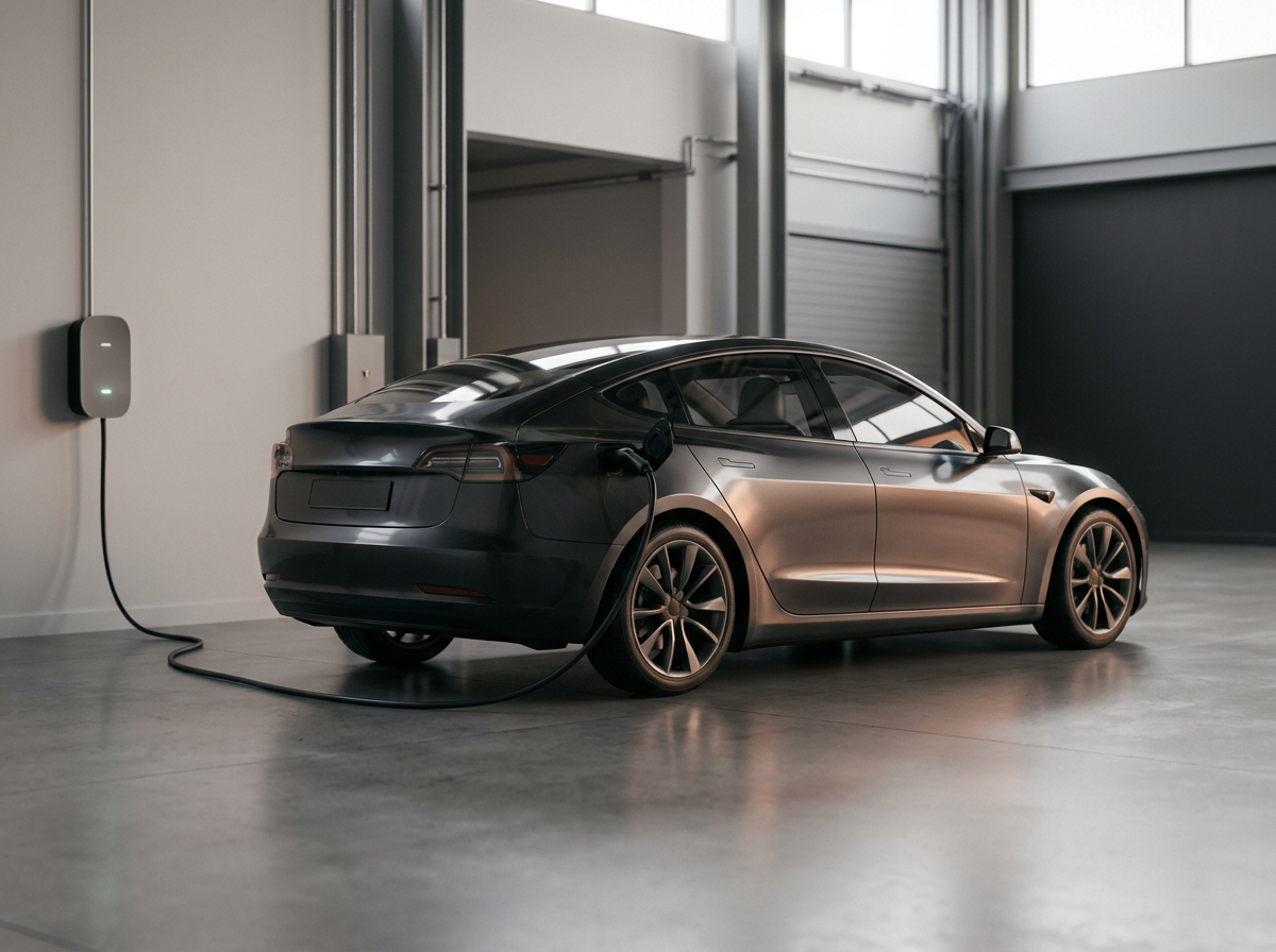 An electric sedan charging at a depot